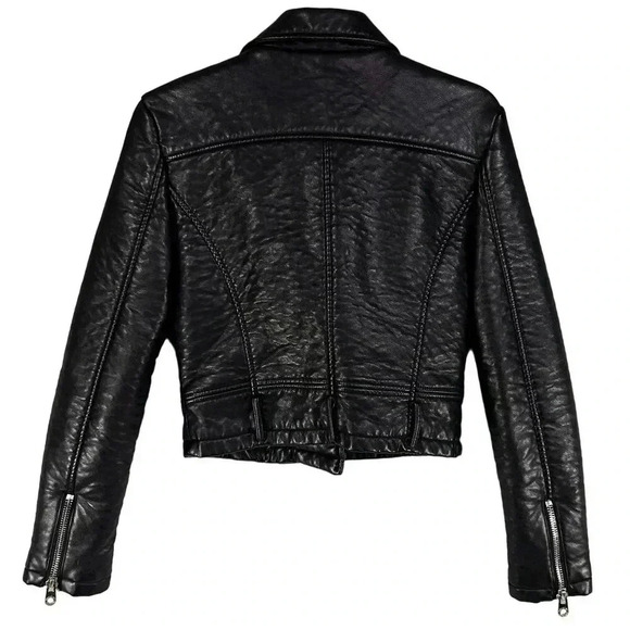 Members Only Womens S Black ASYM Zip Cropped Faux Leather Bomber Moto Jacket Y2K - Picture 2 of 16